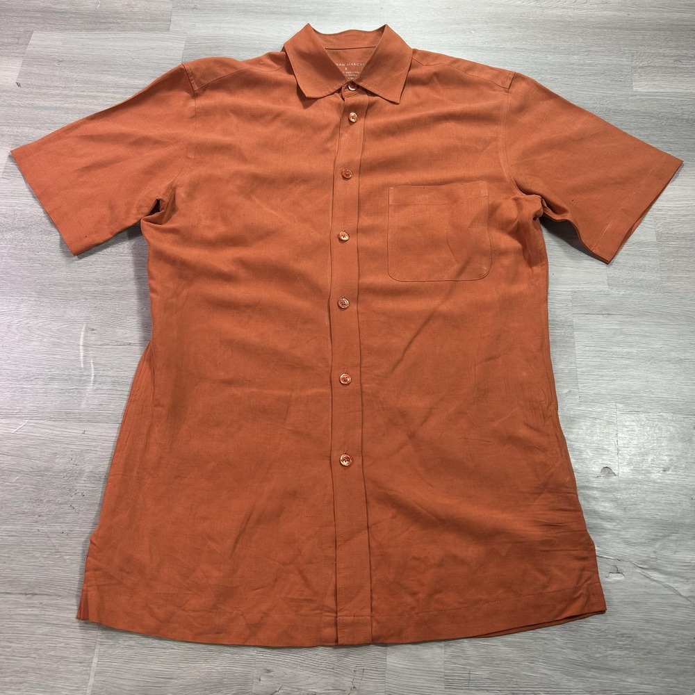 Neiman Marcus Shirt Mens Small Orange Short Sleeve Button Up Silk Linen Casual
